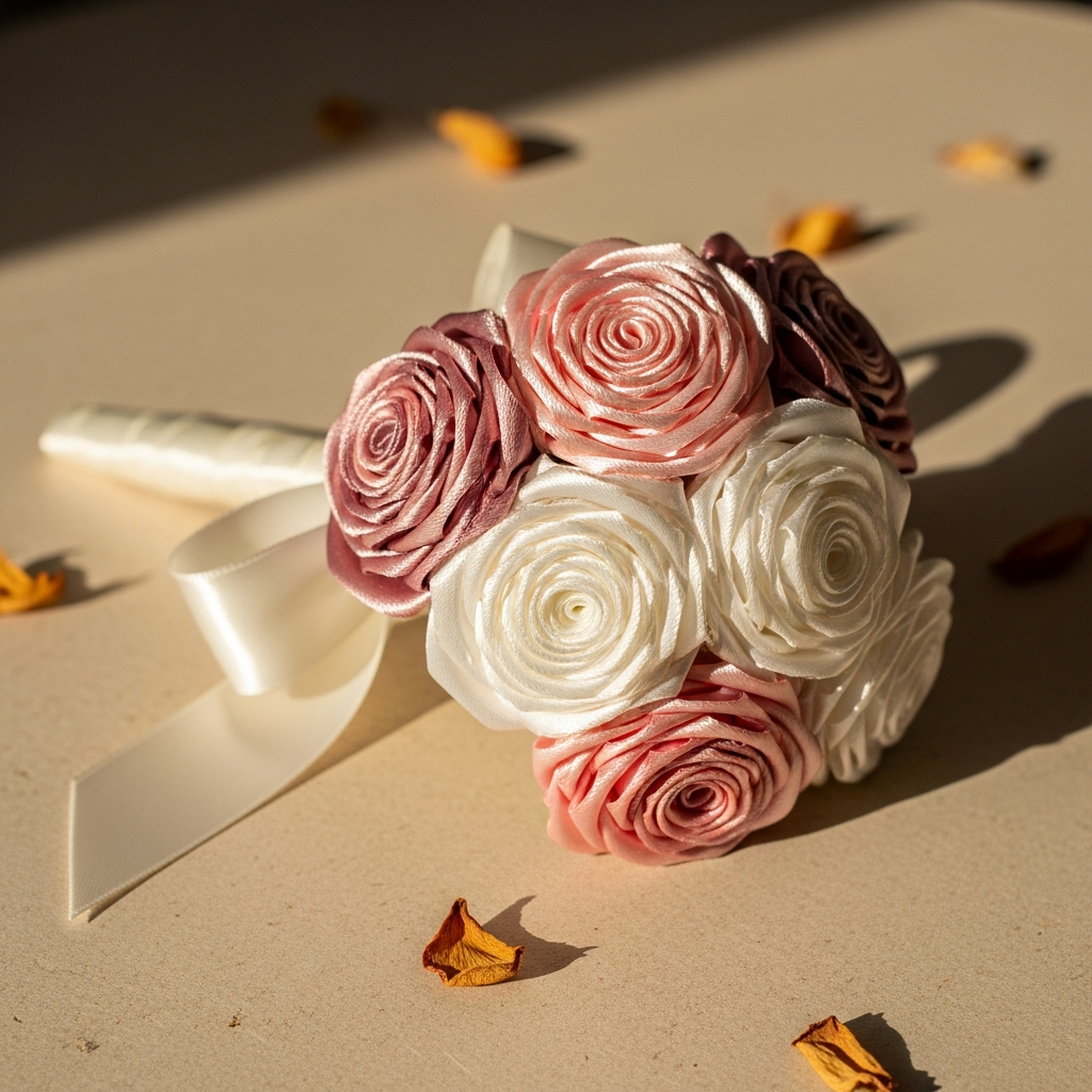 AI_IMAGE: A charming small handmade bouquet of seven satin fabric roses in soft blush pink, dusty rose and cream white with realistic overlapping petals showing fine craftsmanship detail, wrapped with a wide ivory satin ribbon bow, photographed from a slightly elevated three-quarter angle on a light beige woven surface with a few scattered dried petals, warm soft natural side lighting creating gentle shadows, cozy pastel artisan gift product photography | photorealistic | square