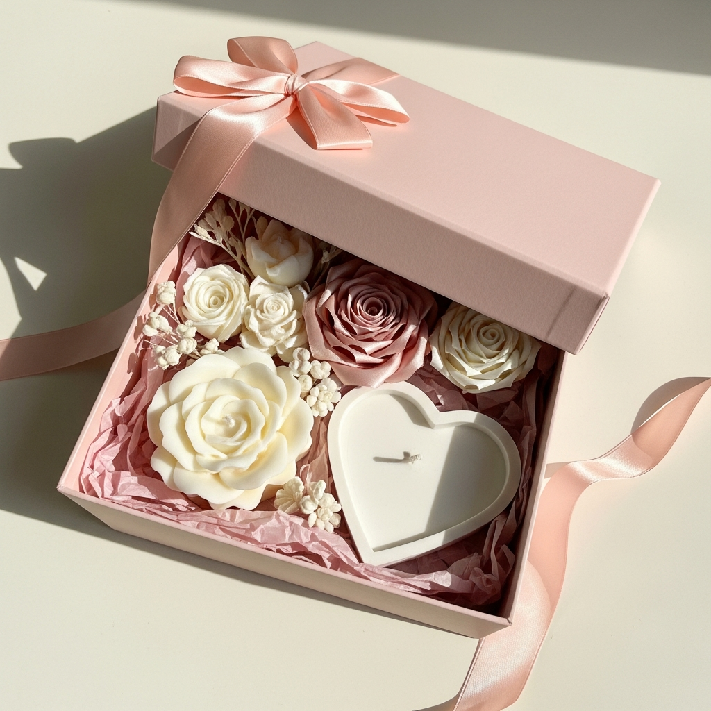 AI_IMAGE: A luxurious soft pink gift box with the lid elegantly tilted open revealing inside a beautiful arrangement of handmade satin flowers in blush pink and ivory tones, a flower-shaped scented candle in cream white, and a small 3D-printed decorative heart-shaped tray in matte white, all nestled in delicate blush pink tissue paper, a satin ribbon bow draped across the side, photographed from a slightly elevated angle on a light cream surface with warm soft natural lighting, pastel premium gift packaging product photography | photorealistic | square