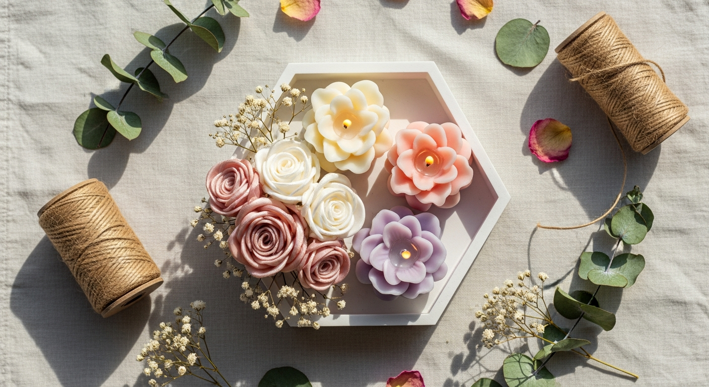 AI_IMAGE: An overhead photograph of a beautifully styled gift arrangement on a light cream linen tablecloth, combining handmade satin roses in soft blush pink and ivory arranged in a small cluster, three flower-shaped scented soy wax candles in cream, soft pink and lavender with one wick softly lit, all placed inside a 3D-printed matte white geometric hexagonal tray, surrounded by scattered dried eucalyptus leaves, baby breath sprigs, a few dried rose petals and a spool of natural jute twine, warm natural window light from above creating soft diffused shadows, cozy pastel artisan gift catalogue photography | photorealistic | landscape