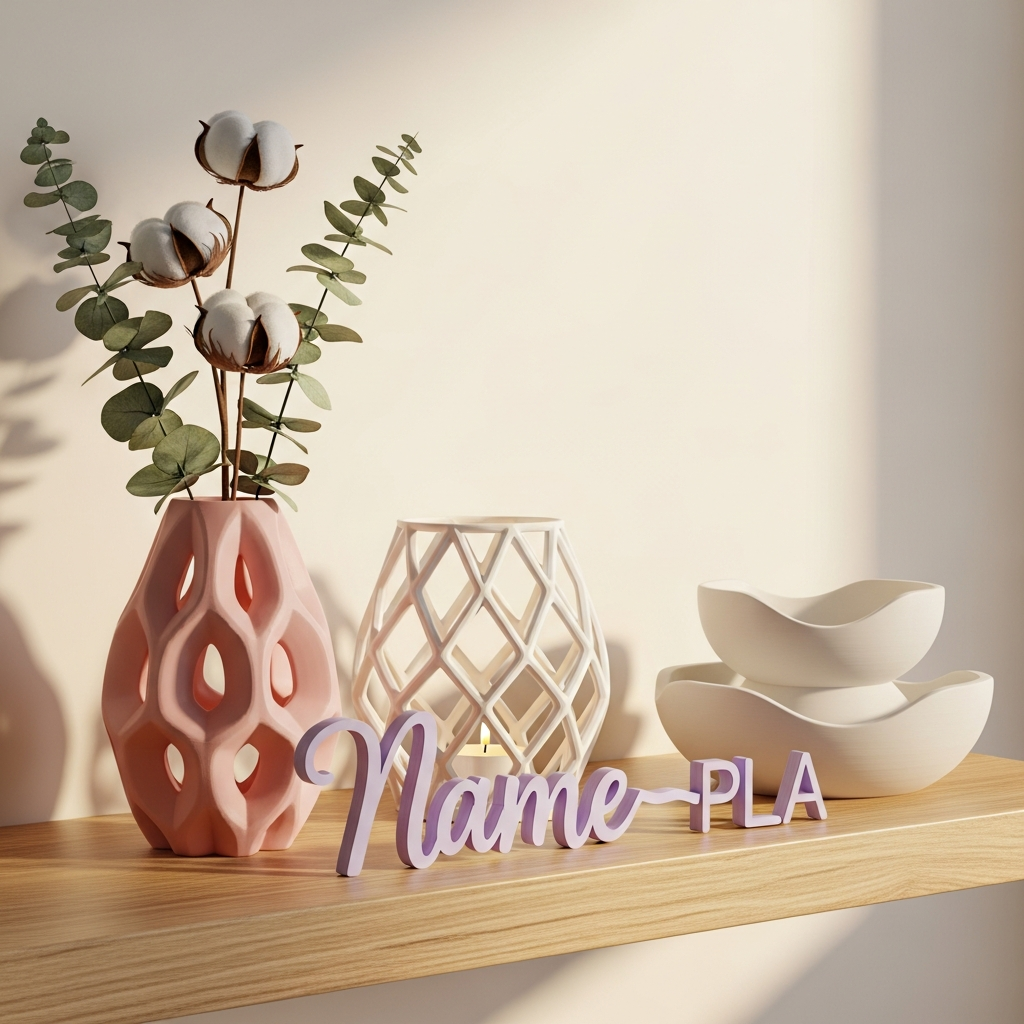 AI_IMAGE: A styled display of modern 3D-printed decorative home objects on a light oak wooden shelf against a soft cream wall, including an elegant organic voronoi pattern vase in matte soft pink holding dried eucalyptus and cotton stems, a geometric lattice candle holder in matte white with a warm tea light glowing inside, a personalized cursive name sign in soft lavender PLA, and a small wave-shaped decorative bowl in matte cream, warm natural daylight from the side, pastel home decor aesthetic, minimal and cozy atmosphere | 3d-render | square