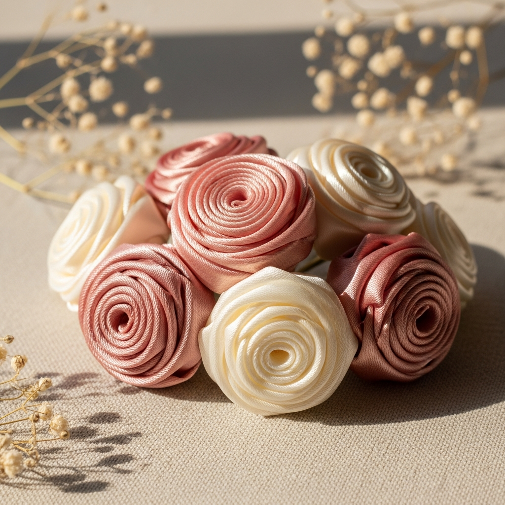 AI_IMAGE: A beautiful close-up photograph of handmade satin fabric roses in a gentle palette of blush pink, dusty rose, soft peach and cream ivory, each petal individually shaped showing delicate folds and realistic curves, arranged in a charming cluster on a light beige linen surface, surrounded by a few sprigs of dried baby breath and tiny dried flowers, warm soft natural window light creating gentle shadows and a dreamy glow, romantic artisan craft photography with pastel aesthetic | photorealistic | square