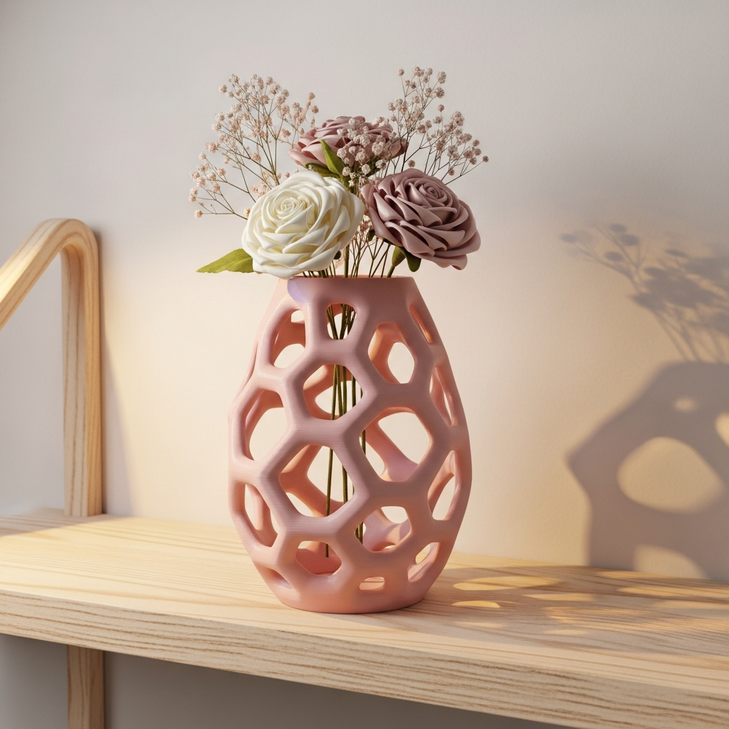 AI_IMAGE: An elegant 3D-printed vase with organic voronoi tessellation pattern in matte soft pink PLA material approximately 18cm tall, holding a small charming arrangement of handmade cream and blush satin flowers with dried baby breath, displayed on a light birch wooden shelf with subtle warm side lighting creating beautiful shadow patterns through the voronoi holes, light cream wall background, cozy modern pastel home decor product photography | 3d-render | square