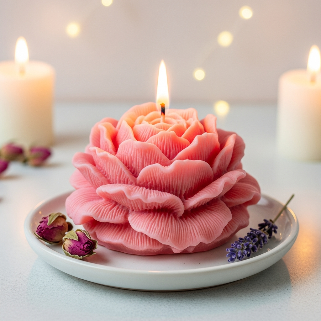 AI_IMAGE: A single large handmade scented soy wax candle shaped like a blooming garden rose with highly detailed realistic layered petals in soft warm pink color, the cotton wick lit with a gentle flickering flame, placed on a small round light ceramic saucer with a few dried rose buds and a tiny sprig of lavender beside it, light cream background with warm ambient candlelight glow and beautiful soft bokeh, close-up artisan candle product photography with pastel warmth | photorealistic | square