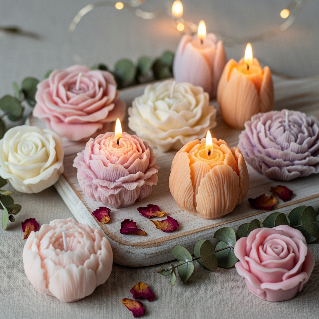 AI_IMAGE: A warm and cozy photograph of several handmade scented soy wax candles shaped like realistic blooming roses, peonies and tulips in soft pastel colors including blush pink, cream white, soft lavender and warm peach, two of them with wicks gently lit casting a warm golden glow, arranged on a rustic light wooden board with scattered dried rose petals and a sprig of dried eucalyptus, light beige linen background, warm ambient candlelight reflections, romantic artisan candle product photography with soft pastel palette | photorealistic | square