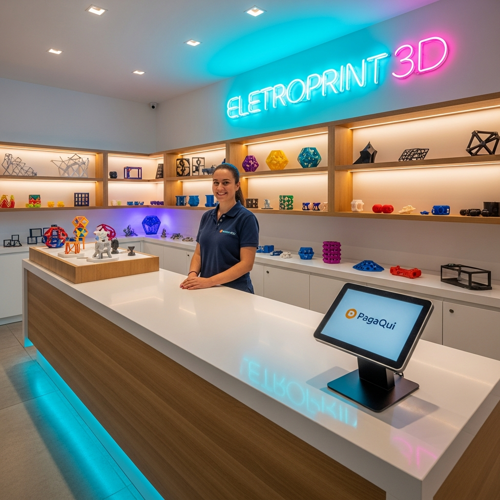AI_IMAGE: A modern Portuguese retail store counter with a PagaQui payment terminal prominently displayed, a friendly store clerk ready to assist, the Eletroprint 3D neon logo glowing on the wall behind in cyan and magenta, 3D printed items on display shelves, warm professional retail interior with dramatic neon accent lighting, commercial photography | photorealistic | square