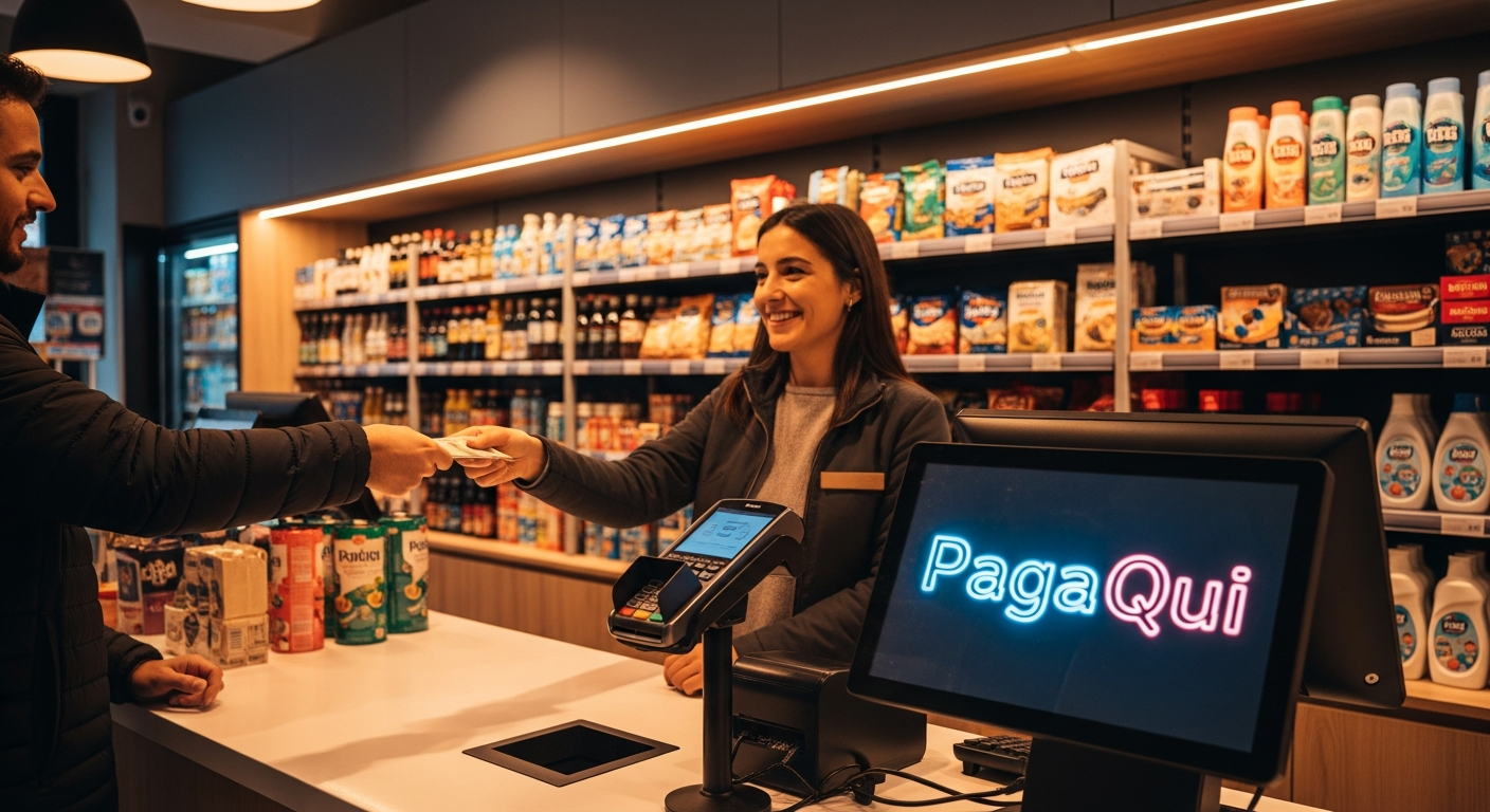 AI_IMAGE: A modern Portuguese convenience store interior with a payment terminal at the counter, warm ambient lighting, a customer handing cash to the store clerk, neon-style PagaQui logo visible on the terminal screen, professional commercial interior photography with warm tones and depth of field | photorealistic | landscape