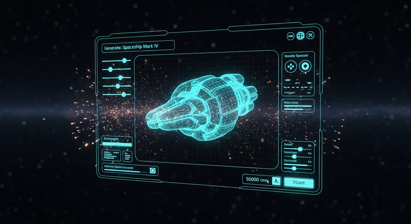 AI_IMAGE: A futuristic holographic user interface floating in dark space showing a 3D model being generated from text prompts, with cyan wireframe mesh materializing into a solid object, particle effects and glowing UI elements surrounding the viewport, sci-fi aesthetic with depth and atmosphere | 3d-render | landscape