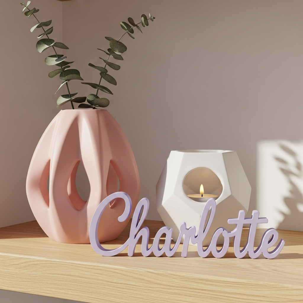 AI_IMAGE: A styled display of modern 3D-printed decorative home objects on a light oak shelf including an organic voronoi vase in matte soft pink holding dried eucalyptus, a geometric candle holder in matte white with a warm tea light, and a personalized cursive name sign in soft lavender, warm natural daylight, cozy pastel home decor product photography | 3d-render | square