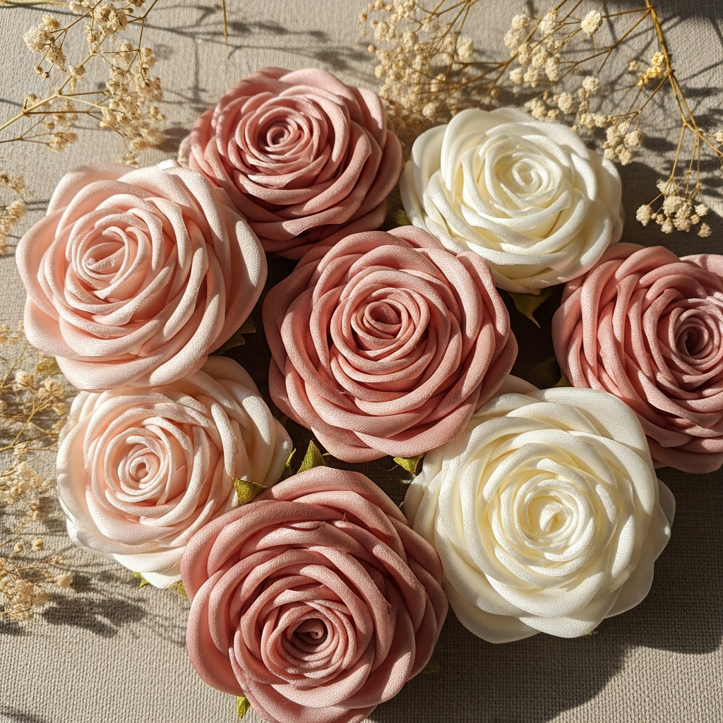 AI_IMAGE: A charming close-up of handmade satin roses in soft blush pink, dusty rose and cream ivory, with realistic overlapping petals showing delicate handcraft detail, arranged on light beige linen with dried baby breath, warm natural side lighting, pastel artisan product photography | photorealistic | square