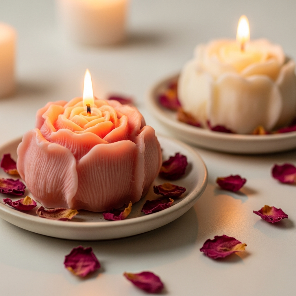 AI_IMAGE: Two handmade scented soy wax candles shaped like blooming roses in soft warm pink and cream white, one with a gently lit wick casting warm golden glow, placed on a small ceramic saucer with dried rose petals, light cream background with soft candlelight ambiance, close-up artisan candle product photography | photorealistic | square
