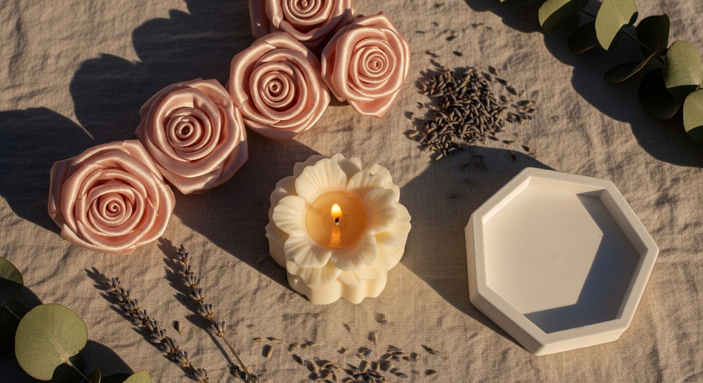 AI_IMAGE: A warm and inviting flat lay of handmade artisan products including delicate blush pink satin fabric roses, a flower-shaped scented soy candle in soft cream with wick gently lit, and a small 3D-printed geometric tray in matte white, arranged on light beige linen with scattered dried lavender and eucalyptus, warm golden hour lighting, cozy pastel artisan photography | photorealistic | landscape