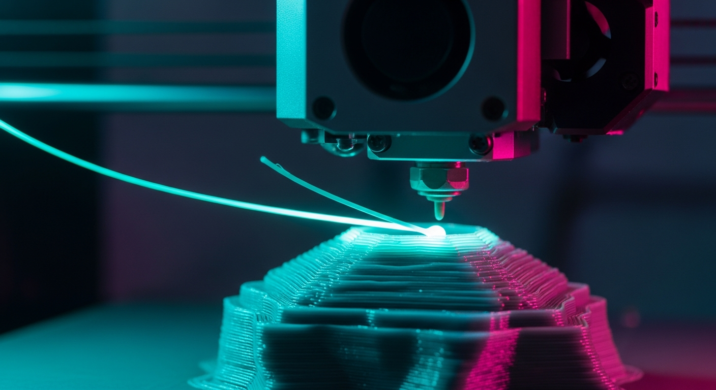 AI_IMAGE: A close-up of a high-end 3D printer extruder depositing molten cyan-glowing filament to create a detailed geometric object, visible layer lines being formed with precision, dark moody industrial workshop atmosphere with dramatic cyan and magenta rim lighting, shallow depth of field macro photography | photorealistic | landscape