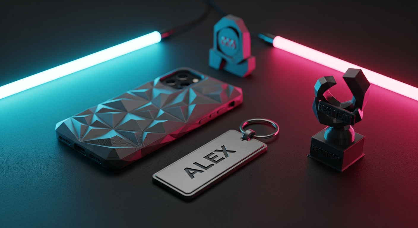 AI_IMAGE: Custom 3D-printed personalized items including a geometric phone case, engraved name keychain, and a custom trophy, arranged on dark matte surface with electric cyan and magenta dual accent lighting creating dramatic shadows, professional product photography with shallow depth of field | 3d-render | landscape