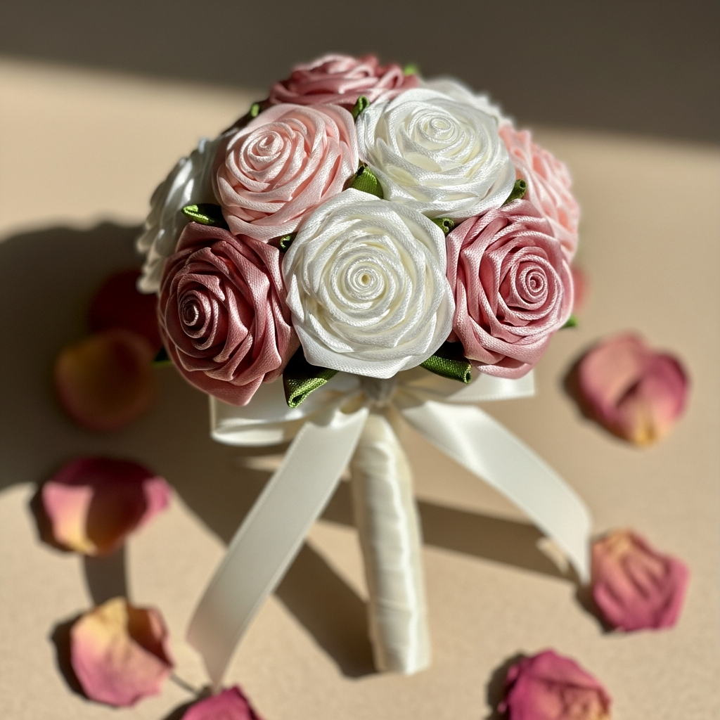 AI_IMAGE: A beautiful small handmade bouquet of seven satin fabric roses in soft blush pink, dusty rose and cream white with realistic petals, wrapped with ivory satin ribbon, photographed from slightly above on a light beige surface with scattered dried petals, warm soft natural lighting, artisan gift product photography with pastel tones | photorealistic | square