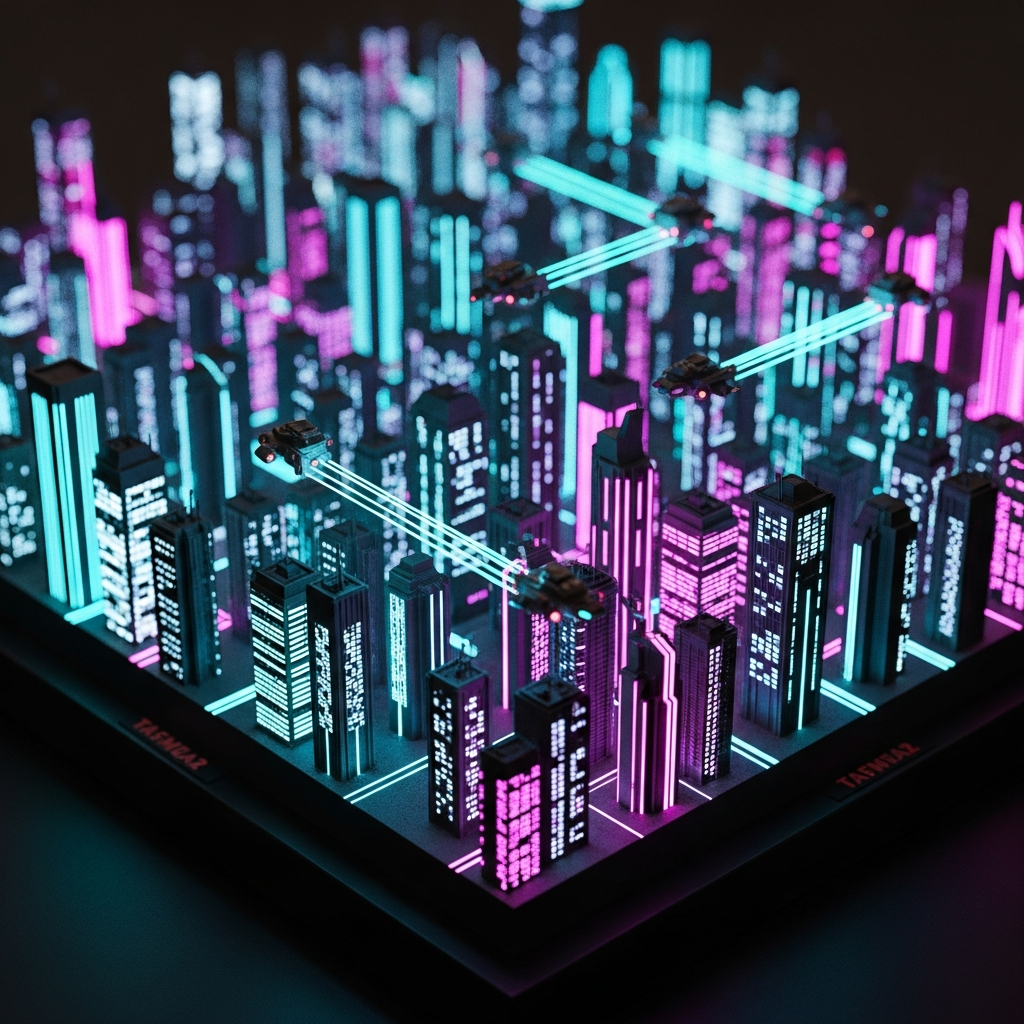 AI_IMAGE: A detailed 3D-printed miniature futuristic city diorama with tiny neon-lit buildings, hovering vehicles, and glowing cyan and magenta light effects, all on a dark display base, macro photography with bokeh | 3d-render | square