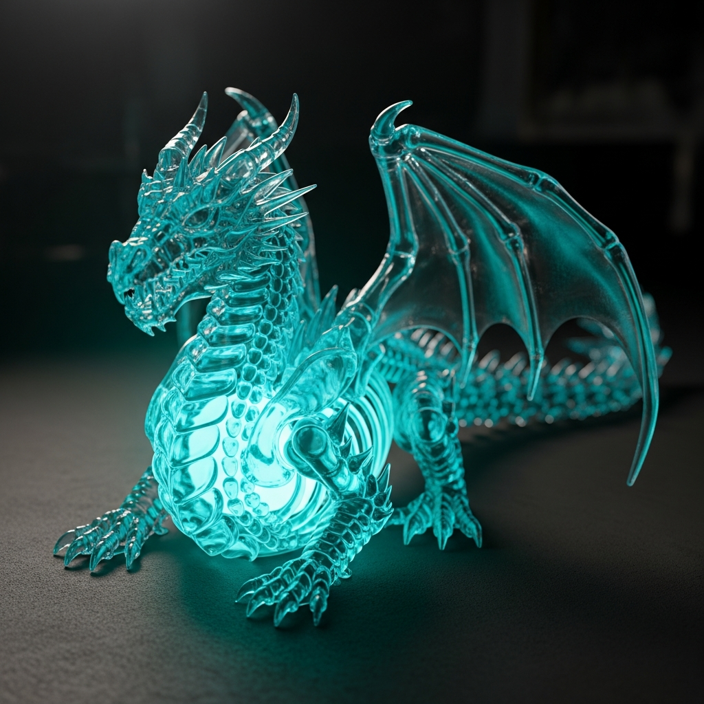 AI_IMAGE: A glowing 3D-printed dragon lamp with intricate scales and translucent resin body, emitting a soft cyan LED glow from within, placed on a dark matte surface with dramatic studio lighting | 3d-render | square
