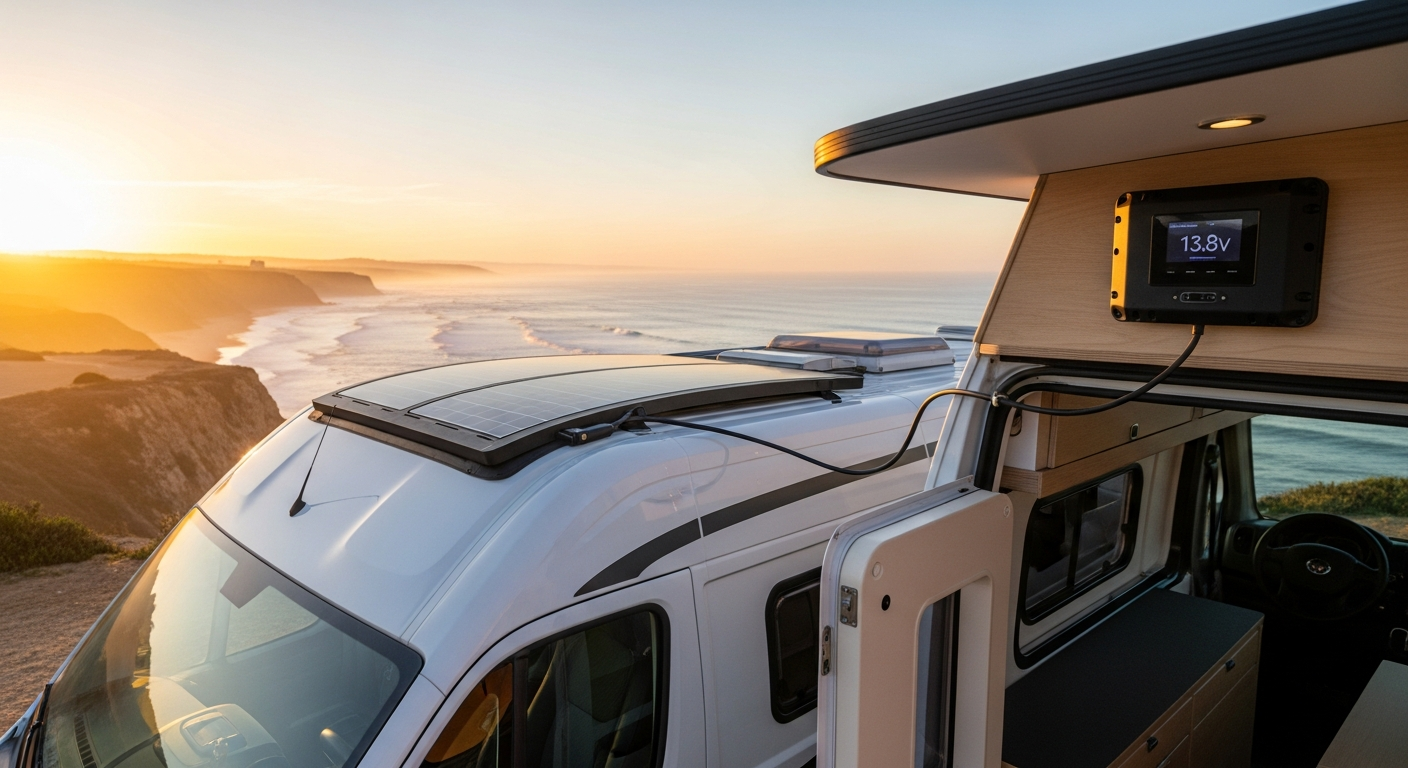 AI_IMAGE: A compact flexible solar panel installation on the roof of a modern white campervan or motorhome parked near a scenic Portuguese coastline, the panel connected to a small charge controller mounted inside, adventure travel lifestyle photography with warm sunset lighting and ocean in the background | photorealistic | landscape
