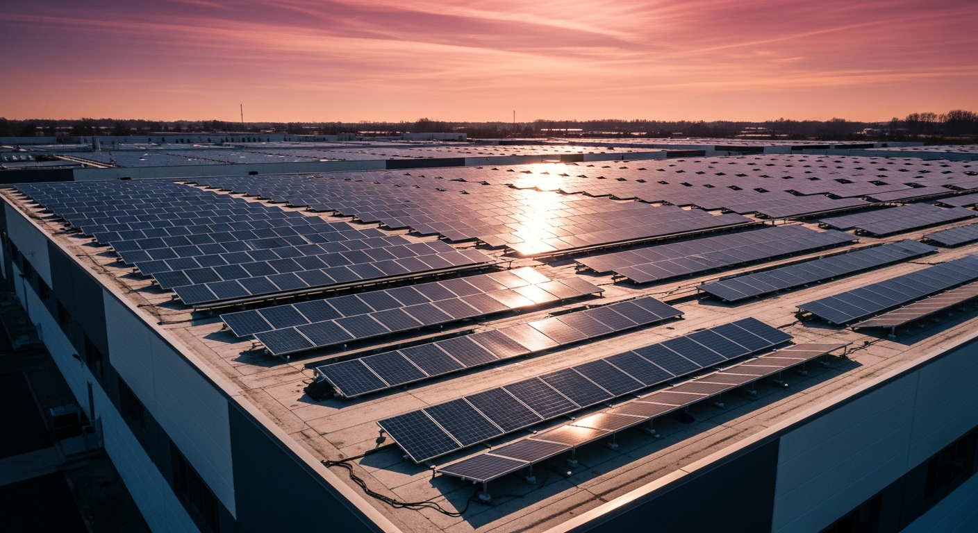 AI_IMAGE: A large commercial solar panel installation on the flat roof of a modern industrial warehouse building, dozens of solar panels in neat rows, bright sunshine creating geometric shadow patterns, aerial photography angle showing the scale of the installation, professional industrial solar photography with magenta sky tones at golden hour | photorealistic | landscape