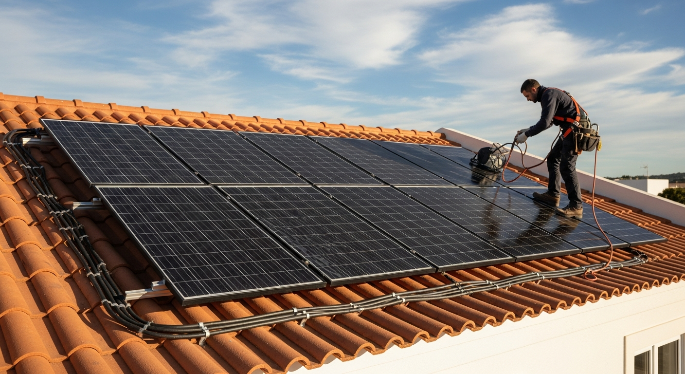 AI_IMAGE: A professional installation of 8 modern black monocrystalline solar panels on a Portuguese residential rooftop, clean wiring visible, bright sunny day with blue sky, the installer in safety gear checking connections, modern house with white walls and terracotta roof, professional solar installation photography with warm natural lighting | photorealistic | landscape
