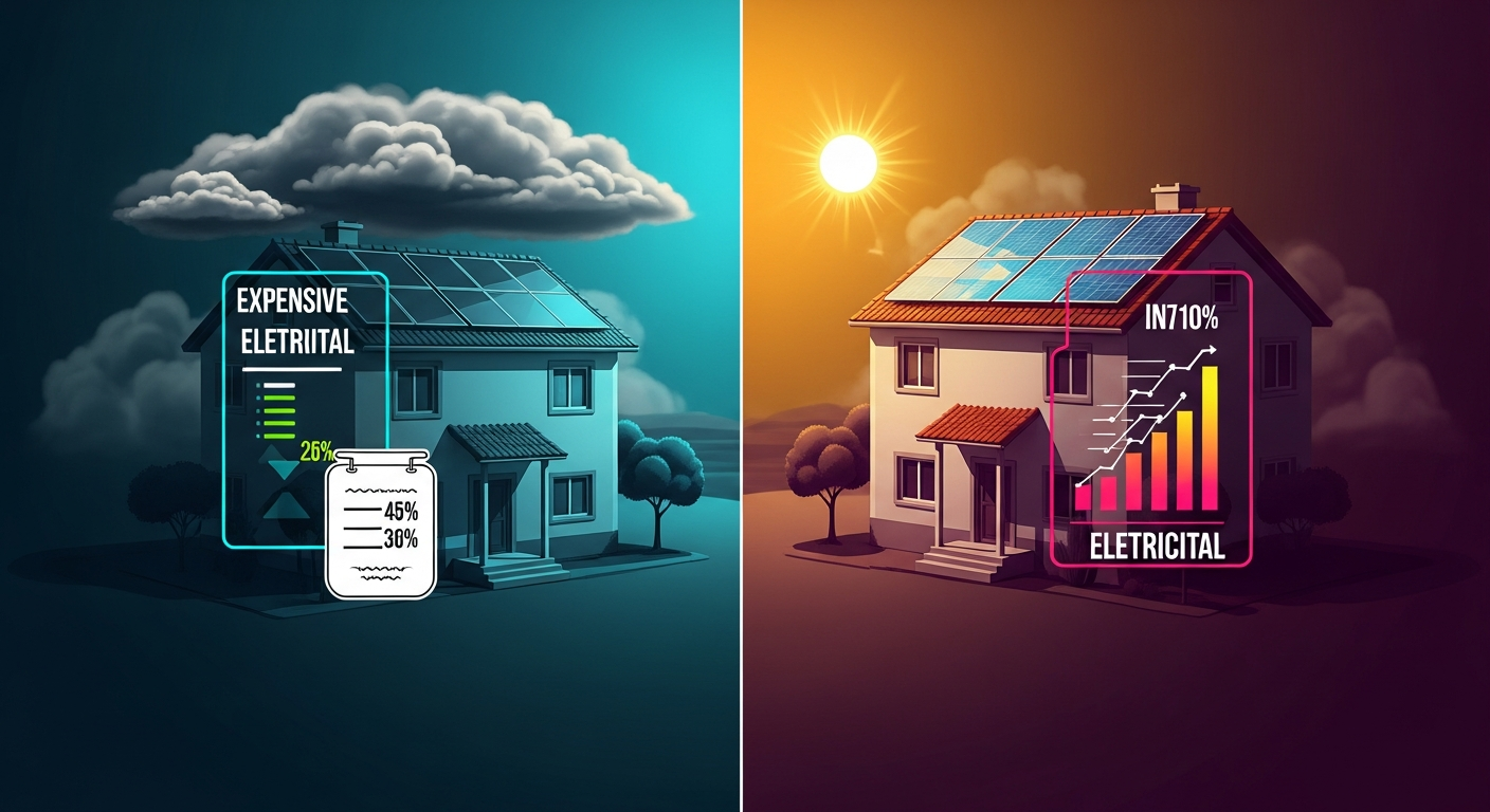 AI_IMAGE: A split-screen illustration showing a Portuguese house before and after solar panel installation, on the left side the house under dark clouds with an expensive electricity bill graphic overlay, on the right side the same house under bright sunshine with solar panels gleaming on the roof and a dramatically reduced bill, modern infographic style with cyan and magenta accent colors on dark background | digital-art | landscape