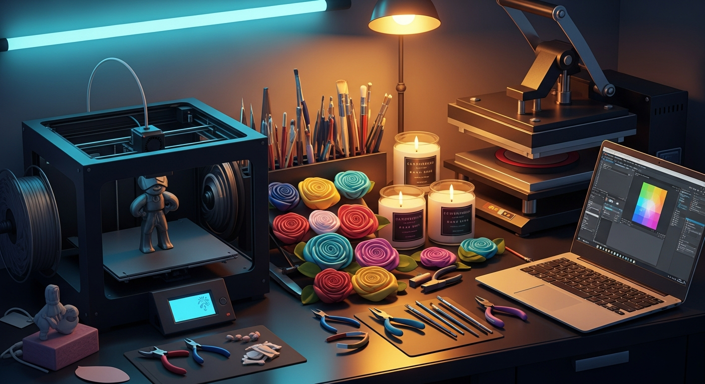 AI_IMAGE: Creative workspace showing a 3D printer mid-print creating a detailed figurine next to handmade satin flowers in various colors and scented candles with elegant labels, a laptop with design software open, organized tools including pliers tweezers and paintbrushes on a dark workbench, warm amber lighting mixed with cool cyan neon accents, sublimation heat press visible in the background, showing the fusion of technology and traditional Portuguese craftsmanship | digital-art | landscape