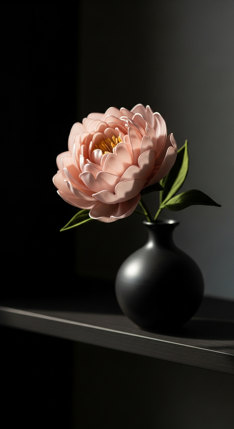 AI_IMAGE: Single exquisite handmade satin peony flower in soft blush pink displayed in a small dark ceramic vase on a minimalist dark shelf each petal showing detailed stitching and natural curl dramatic side lighting creating depth and shadows the flower appears almost alive with its delicate form fine art product photography | photorealistic | portrait