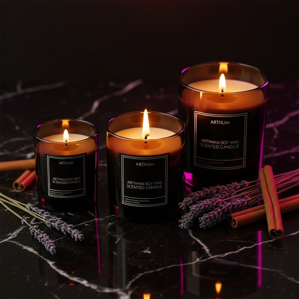 AI_IMAGE: Artisan soy wax scented candles in elegant dark glass containers with minimalist labels three different sizes arranged on a black marble surface one candle lit with warm flickering flame dried lavender sprigs and cinnamon sticks arranged nearby moody amber and magenta accent lighting luxury home fragrance product photography | photorealistic | square