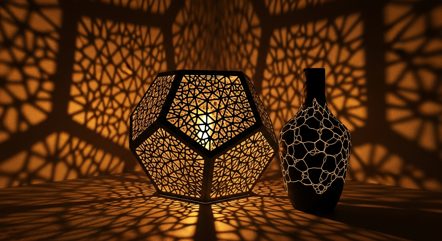 AI_IMAGE: 3D printed geometric lampshade casting intricate shadow patterns on a dark wall, modern minimalist vase with voronoi pattern beside it, warm golden amber accent lighting | digital-art | landscape