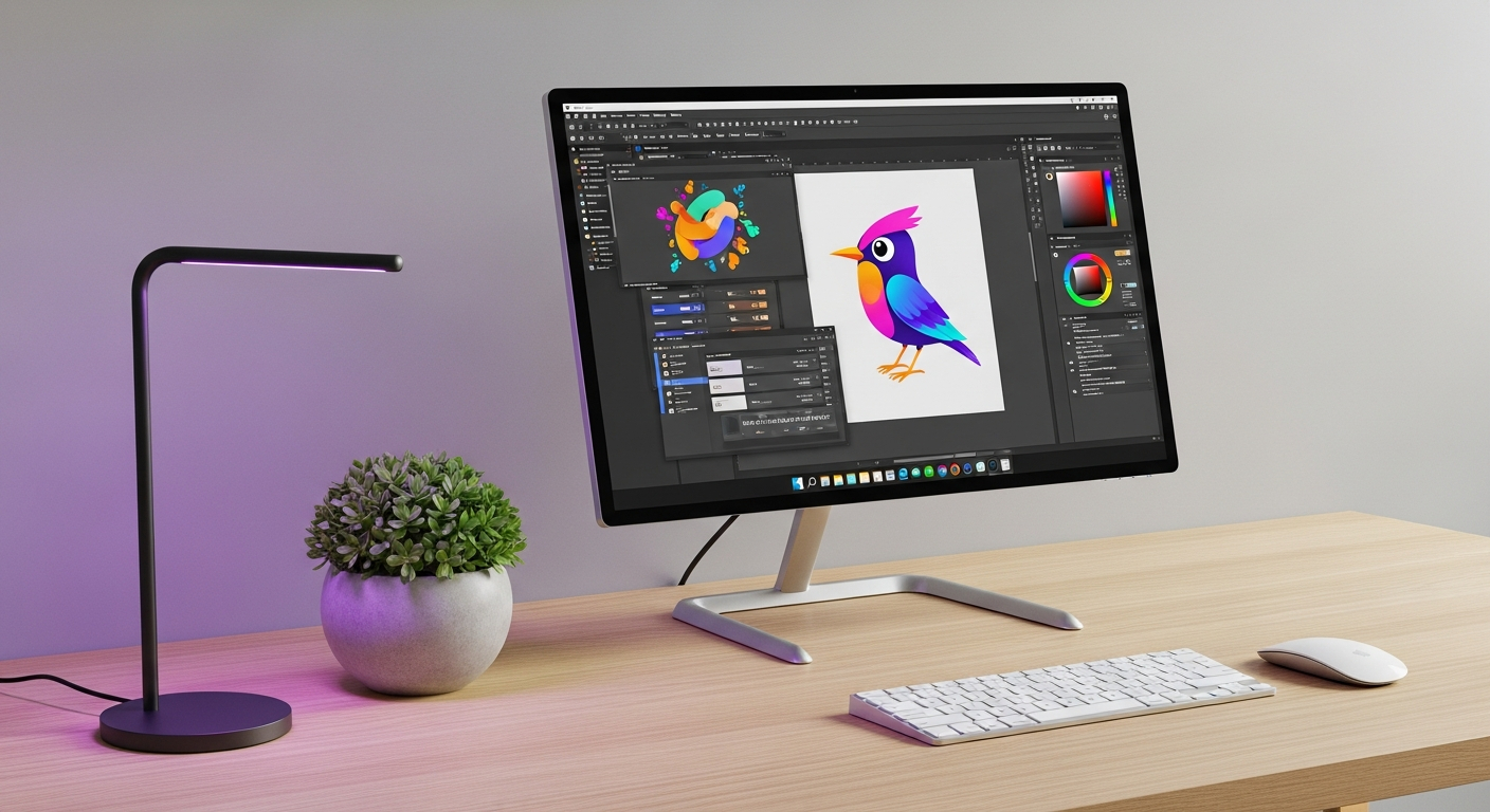 AI_IMAGE: Sleek modern all-in-one computer with ultra-thin bezels on a clean desk, wireless peripherals, the screen showing a creative design application, minimalist home office setup with a potted plant, soft purple ambient lighting from a desk lamp, elegant and space-saving computing concept | photorealistic | landscape