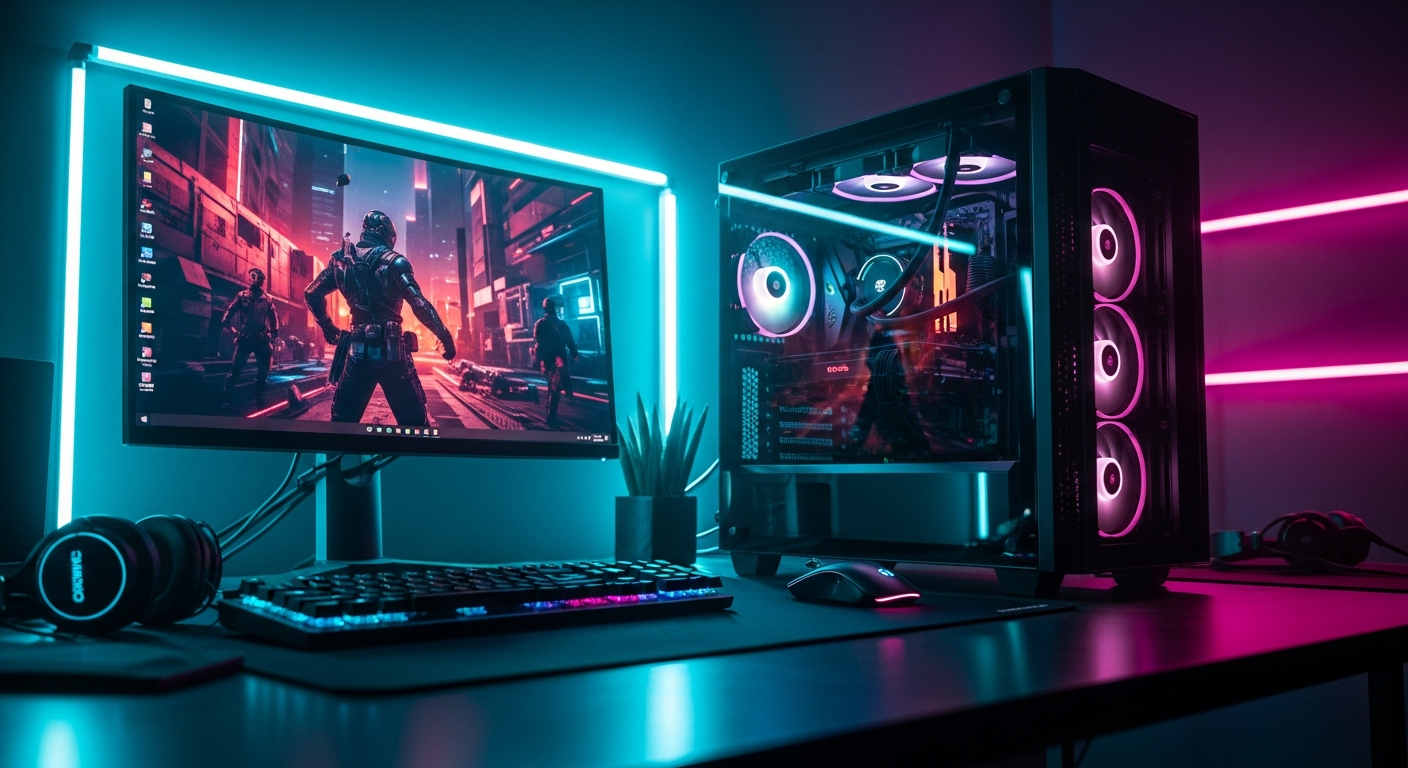 AI_IMAGE: Dramatic angle view of a high-end custom gaming PC tower with tempered glass panel showing RGB-lit components inside, surrounded by glowing neon cyan and magenta LED reflections on a dark desk surface, a gaming monitor with vibrant gameplay visible behind it, scattered tech accessories like a mechanical keyboard and gaming headset, professional product photography with dramatic volumetric lighting and shallow depth of field, dark cyberpunk workshop environment | photorealistic | landscape