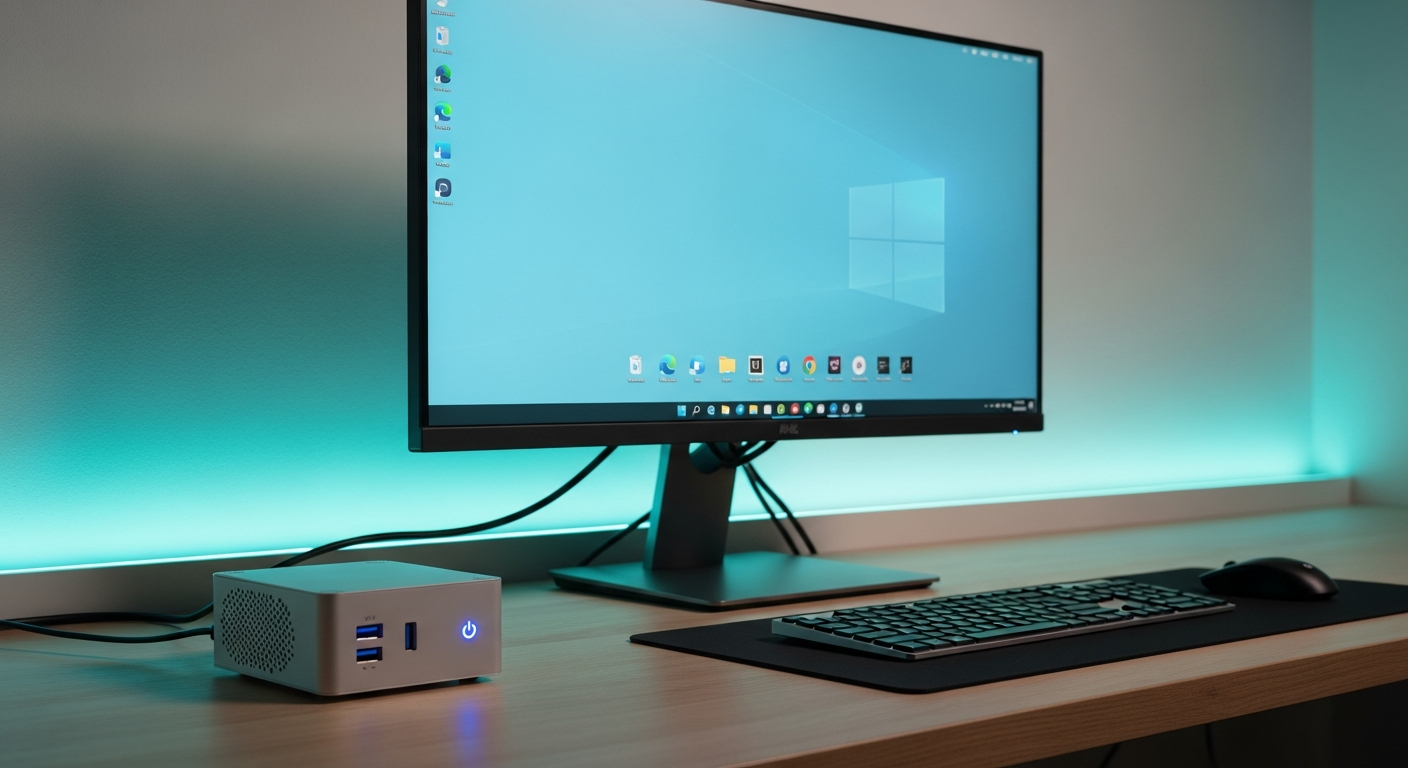 AI_IMAGE: Compact Intel NUC mini PC sitting next to a full-size monitor on a tidy desk, the tiny form factor visible with USB ports and power button lit in blue, cable connected to a 4K display showing a desktop, minimalist computing setup with clean lines and subtle cyan neon ambient light | photorealistic | landscape