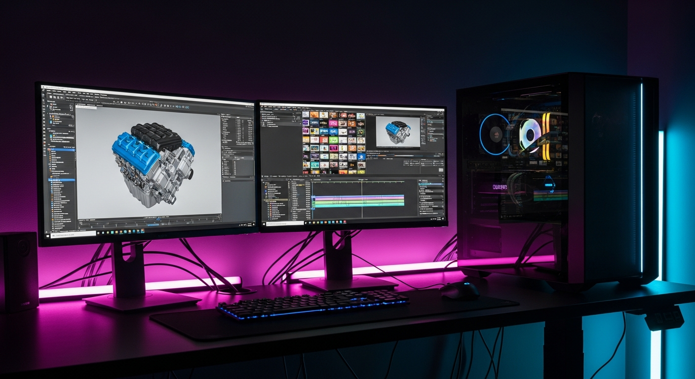 AI_IMAGE: Professional workstation tower with dual monitors showing 3D CAD software and video editing timeline, high-end NVIDIA Quadro graphics card visible through glass panel, organized cable management, dark professional studio environment with magenta and cyan neon accent lighting | photorealistic | landscape