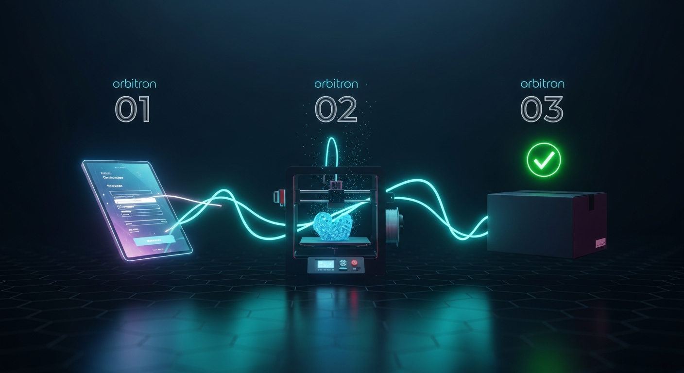 AI_IMAGE: Three-step futuristic order process visualization on a deep dark void background: on the left a glowing holographic tablet interface showing a form being filled, connected by a flowing cyan neon energy line to the center showing a 3D printer creating an object with cyan filament particles rising, connected by another energy line to the right showing a sleek dark package with a glowing green shipping checkmark above it, each step has a floating number 01 02 03 in Orbitron font above it, subtle hexagonal grid pattern in background, dark moody cyberpunk atmosphere with volumetric lighting | digital-art | landscape