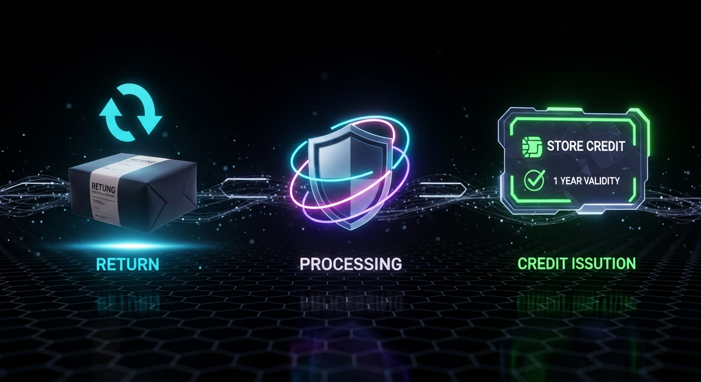 AI_IMAGE: Futuristic cyberpunk-style visualization of a product exchange and store credit process, on the left a dark branded package with a glowing cyan return arrow symbol above it, in the center a sleek holographic processing shield icon with rotating neon rings in cyan magenta and purple, on the right a futuristic digital store credit card glowing with green neon light showing a checkmark and 1 year validity text, all three stages connected by flowing luminous data streams on a deep black void background with subtle hexagonal grid pattern and particle effects, dark moody atmosphere with volumetric lighting | digital-art | landscape