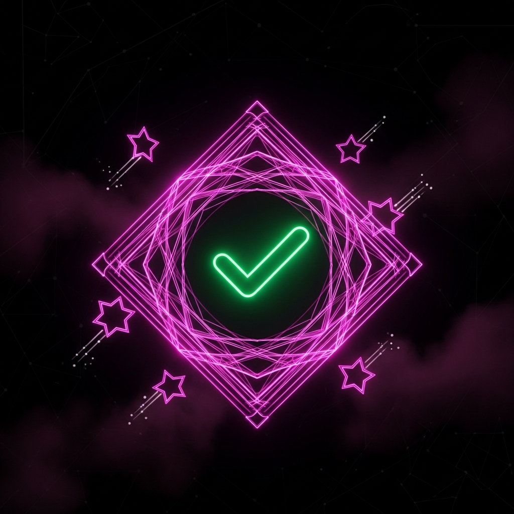 AI_IMAGE: A glowing quality checkmark badge with stars around it, a diamond-shaped certification seal floating in space, magenta and pink neon glow effects, dark background with subtle geometric patterns, quality assurance and excellence concept | digital-art | square