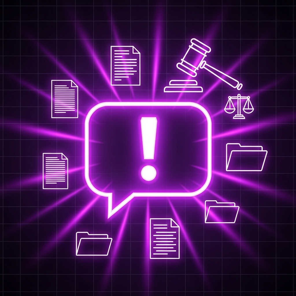 AI_IMAGE: A glowing speech bubble with an exclamation mark inside, surrounded by document icons and legal gavel symbol, purple neon glow effects radiating outward, dark background with subtle grid pattern, consumer complaint and voice concept | digital-art | square