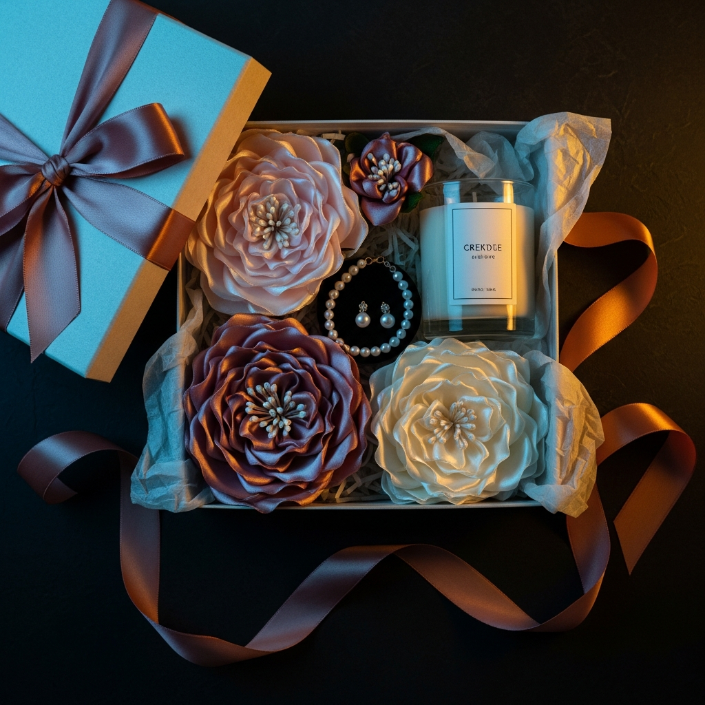 AI_IMAGE: Luxurious gift box containing handmade satin flowers a scented candle and pearl accessories elegantly packaged with satin ribbon and tissue paper, photographed from above on dark surface with cyan and warm lighting, premium gift set product photography | photorealistic | square