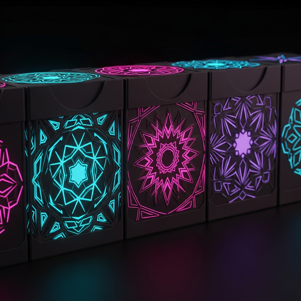 AI_IMAGE: Custom 3D printed trading card deck boxes with intricate geometric patterns arranged in a row showing different designs each with a different neon color accent cyan magenta purple glowing edges catching the light dark matte finish with selective glossy details dramatic side lighting | digital-art | square
