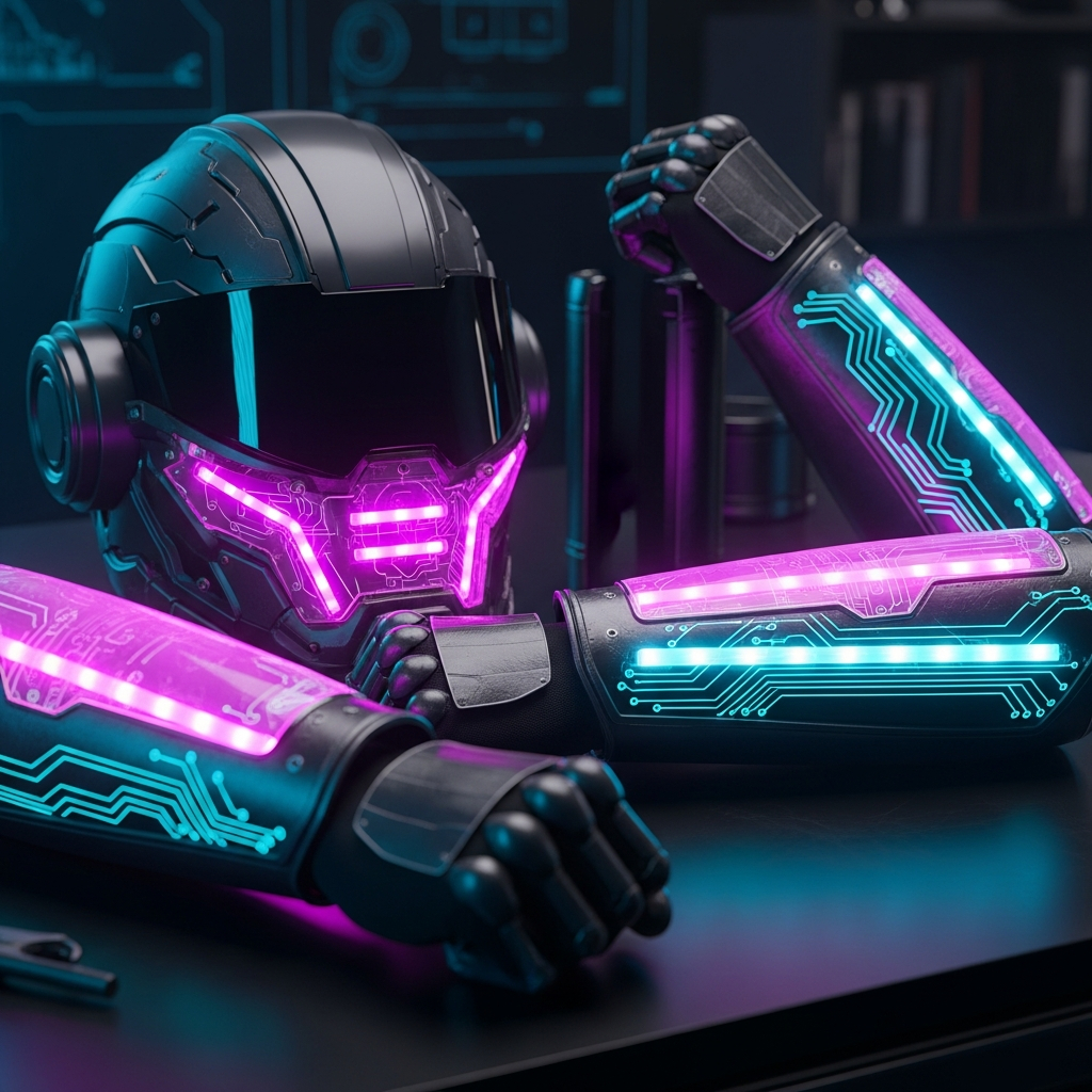 AI_IMAGE: Futuristic 3D printed cosplay armor pieces arranged on a workbench glowing LED strips embedded in translucent printed sections cyberpunk helmet with visor arm guards with circuit patterns magenta and cyan accent lighting reflecting off glossy surfaces dark workshop environment | digital-art | square