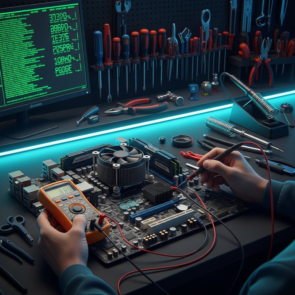 AI_IMAGE: Technician using a multimeter to test a computer motherboard on a dark workbench, digital diagnostic readout glowing green on a nearby screen, organized repair tools in background, cyan neon accent lighting, professional electronics diagnostics photography | digital-art | square