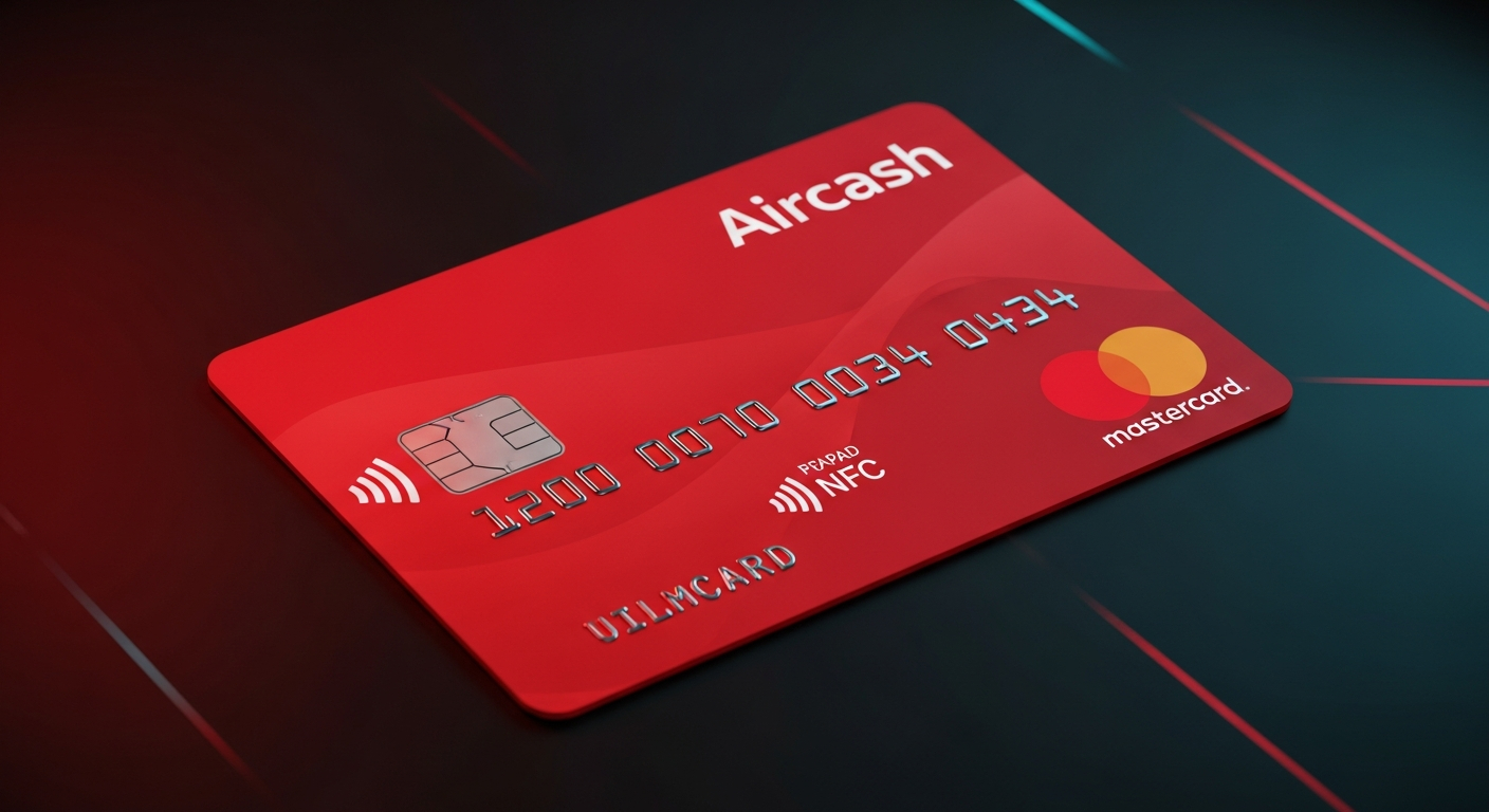 AI_IMAGE: Red Aircash Mastercard prepaid card with the official Aircash branding in white text, Mastercard dual-circle logo in orange and red at bottom right, contactless NFC payment symbol, chip visible on left side, card number displayed across the center, card shown at a slight angle on a deep black surface with subtle red and cyan neon reflections, premium fintech product photography with dramatic lighting emphasizing the vibrant red color of the card | photorealistic | landscape