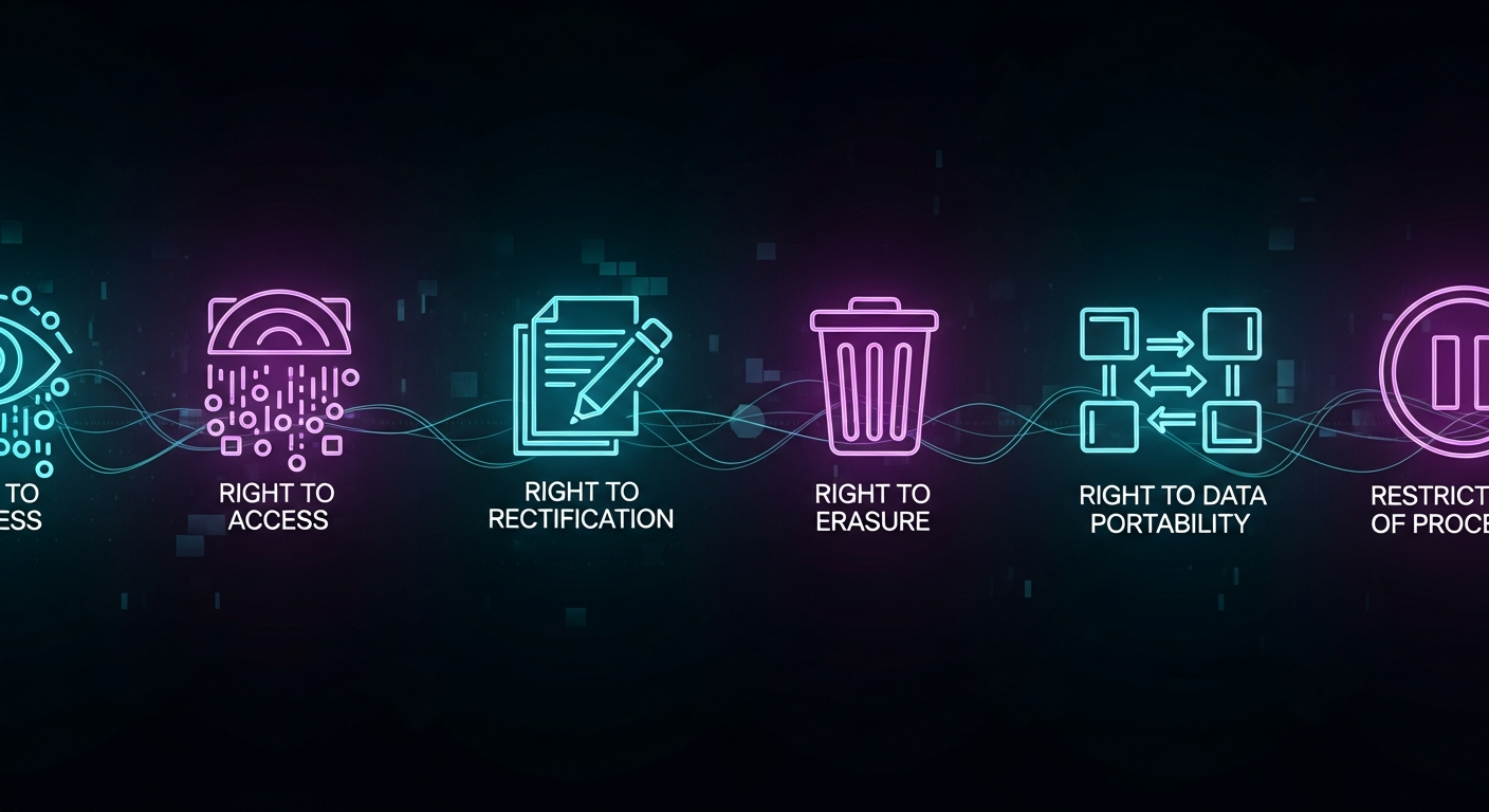 AI_IMAGE: Panoramic infographic showing GDPR rights as glowing icons in a horizontal row: access icon with eye symbol, rectification with pencil, erasure with trash can, portability with transfer arrows, limitation with pause button, all connected by flowing cyan neon data lines on deep dark background, European data protection rights visualization | digital-art | landscape