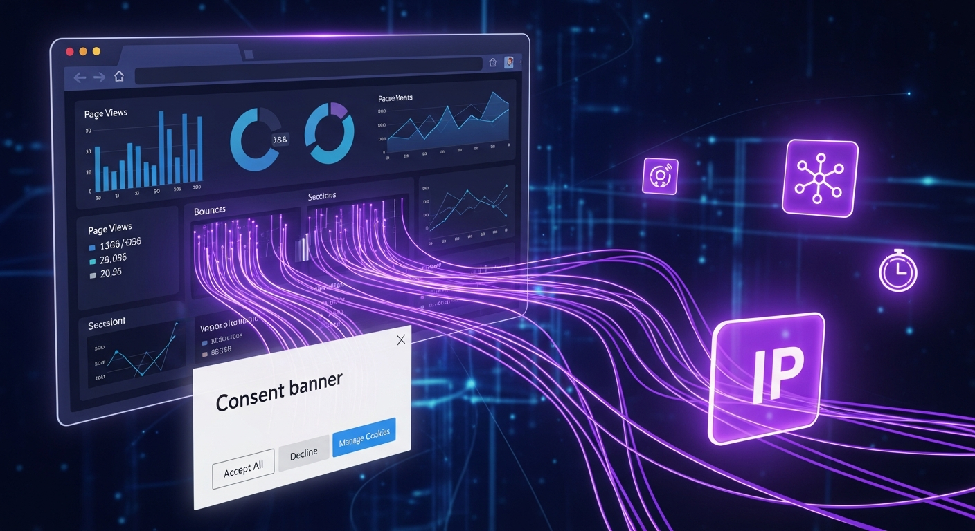 AI_IMAGE: Browser window with cookie consent banner and analytics dashboard visualization, website usage data flowing as glowing purple data streams, IP address and session data icons floating in dark cyberspace, web analytics and cookies concept with purple neon aesthetic | digital-art | landscape