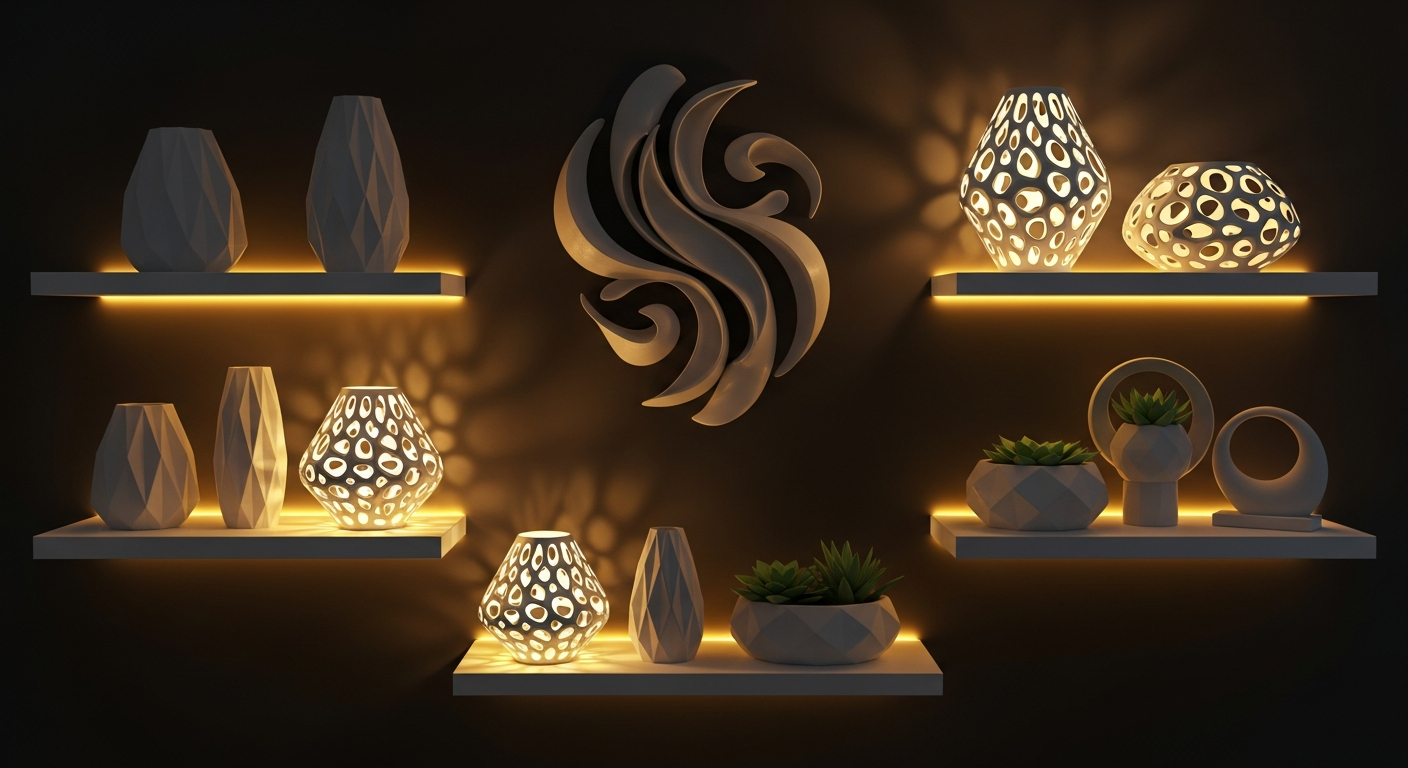 AI_IMAGE: 3D printed decorative items including geometric vases, modern lampshades with intricate patterns, wall art sculptures and minimalist planters, arranged on floating shelves against a dark wall with golden amber accent lighting | digital-art | landscape