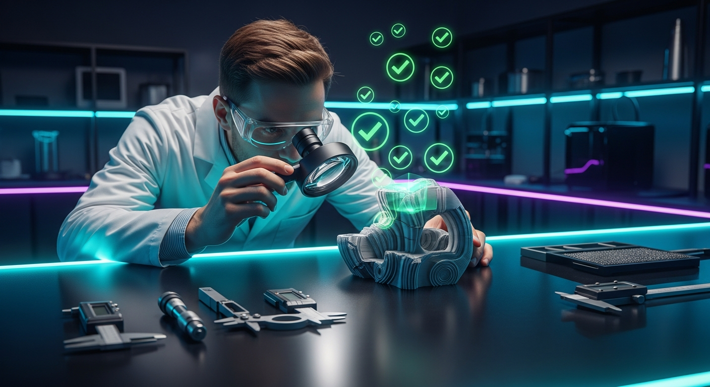 AI_IMAGE: Panoramic view showing a quality inspection process in a 3D printing lab: a technician examining a finished printed object under magnification with quality checkmark icons floating as holographic overlays, precision measuring tools on the dark workbench, cyan and purple neon accent lighting, professional quality assurance concept | digital-art | landscape