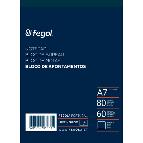 BLOCO APONTAMENTOS A7 FEGOL 80 FOLHAS LISO