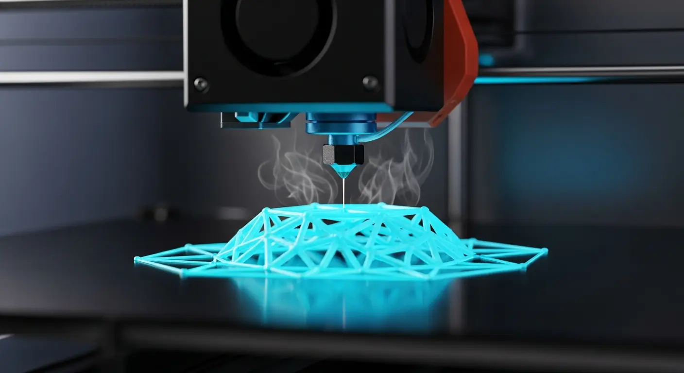 AI_IMAGE: Close-up of a professional 3D printer extruding glowing cyan filament creating a complex geometric shape layer by layer, neon blue reflections on the dark print bed, heated nozzle surrounded by wisps of rising heat, precision engineering atmosphere with dark moody background | digital-art | landscape