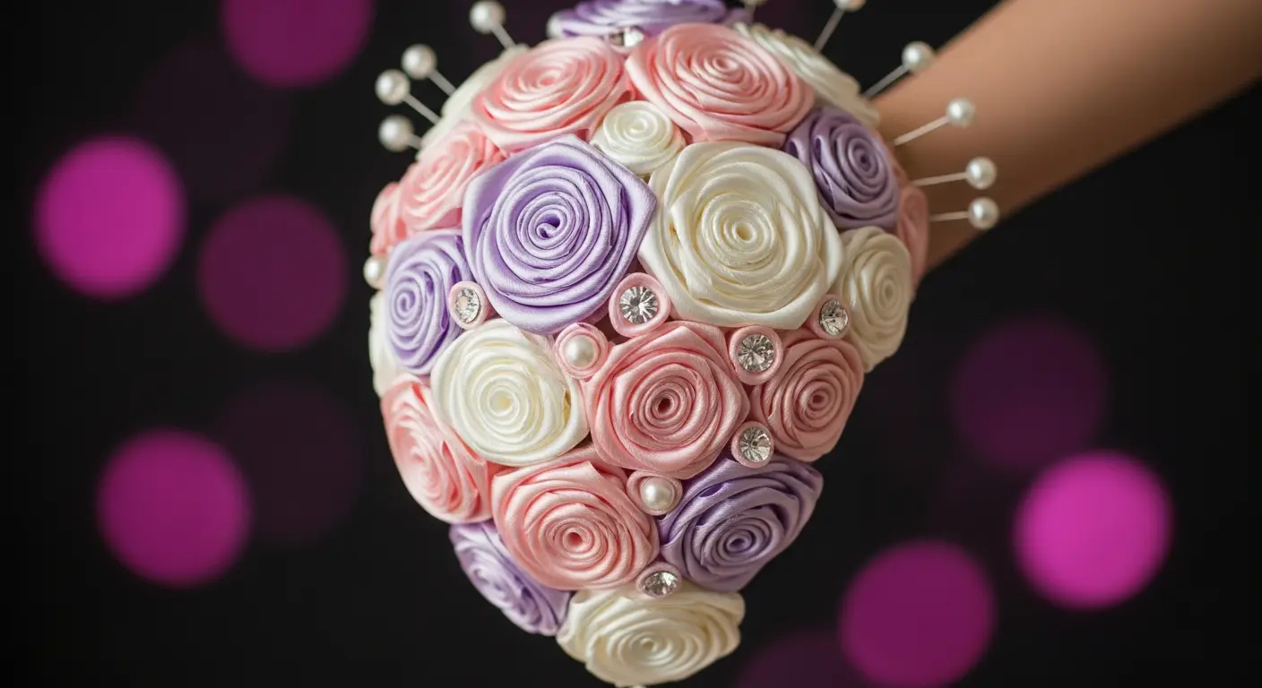 AI_IMAGE: Stunning close-up of handmade satin roses in blush pink ivory and soft lavender each petal meticulously folded and stitched showing exquisite craftsmanship arranged in a beautiful cascading bouquet with pearl pins and crystal accents held against a dark background with soft magenta and purple bokeh lights creating a romantic ethereal atmosphere macro photography revealing the silk texture of each petal | photorealistic | landscape