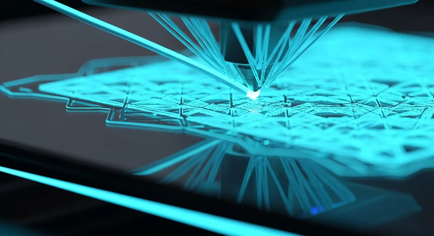 AI_IMAGE: Close-up of a 3D printer nozzle depositing glowing cyan filament layer by layer creating a complex geometric shape, dark background with neon blue reflections on the print bed | digital-art | landscape