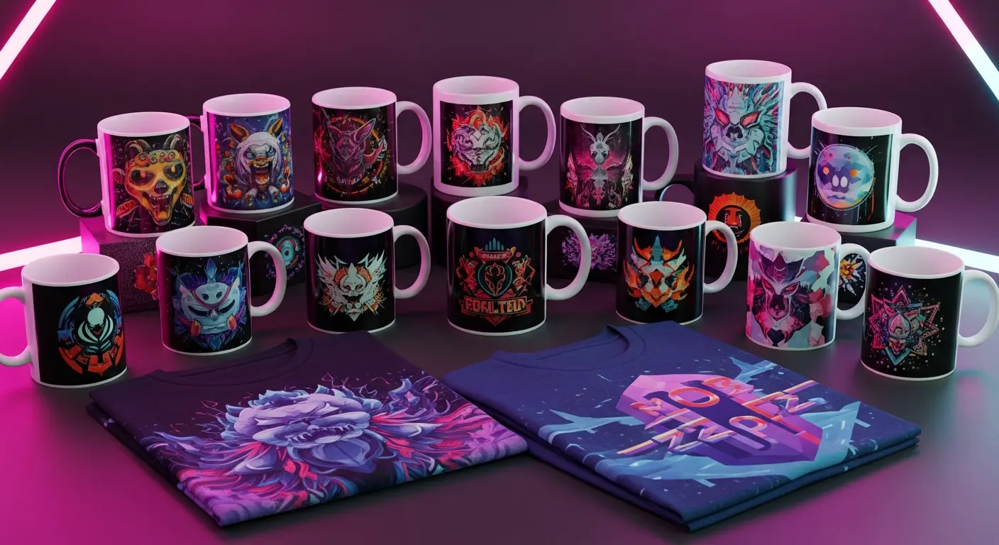AI_IMAGE: Custom printed mugs and t-shirts with vibrant colorful designs arranged on a dark surface, magenta and pink neon accent lighting, sublimation products photography | digital-art | landscape